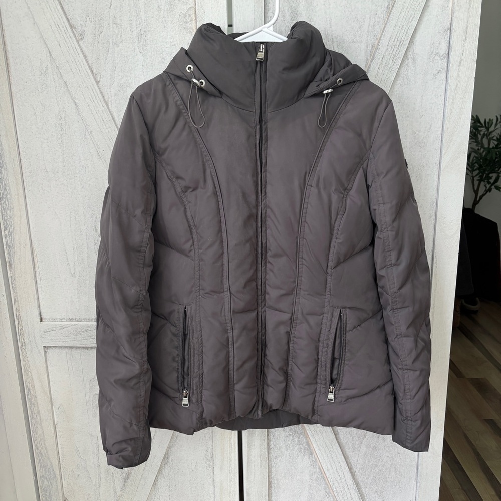 Calvin Klein Hooded Puffer Jacket Women’s M Gray Duck Down Animal Print Interior